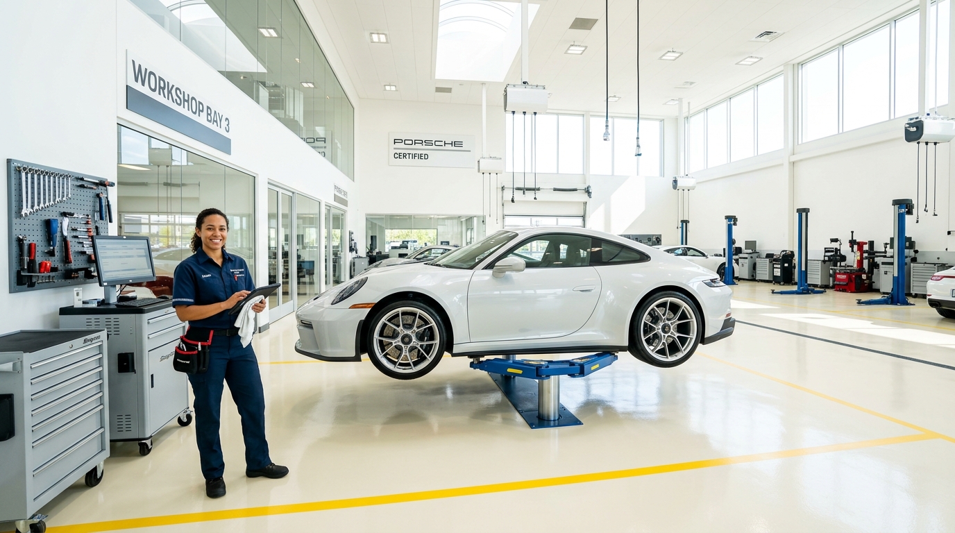 Modern automotive repair shop with certified technicians working